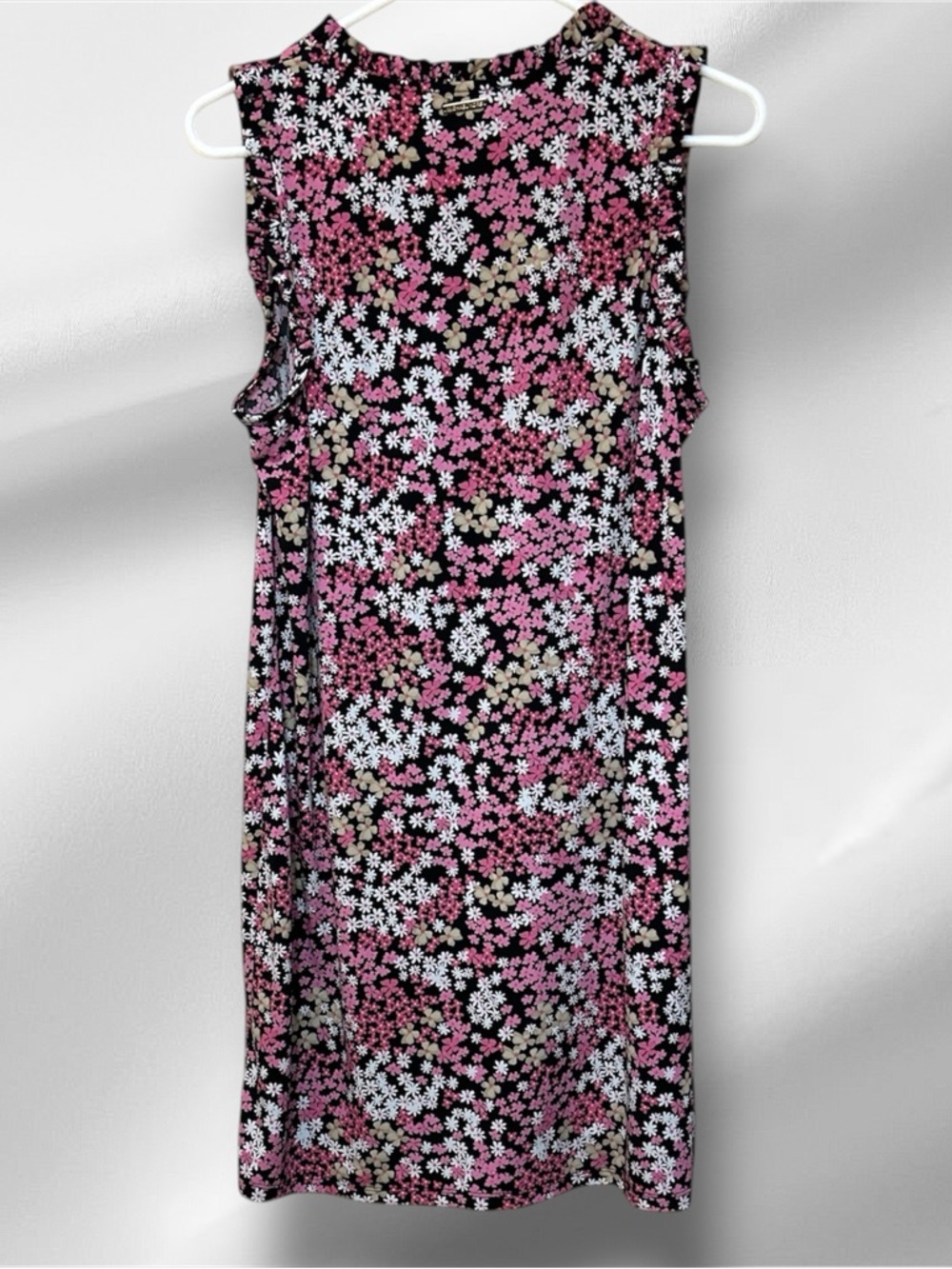 Michael Kors Black Midi Dress with Pink & White Floral Print EUC Size Large - Picture 2 of 6